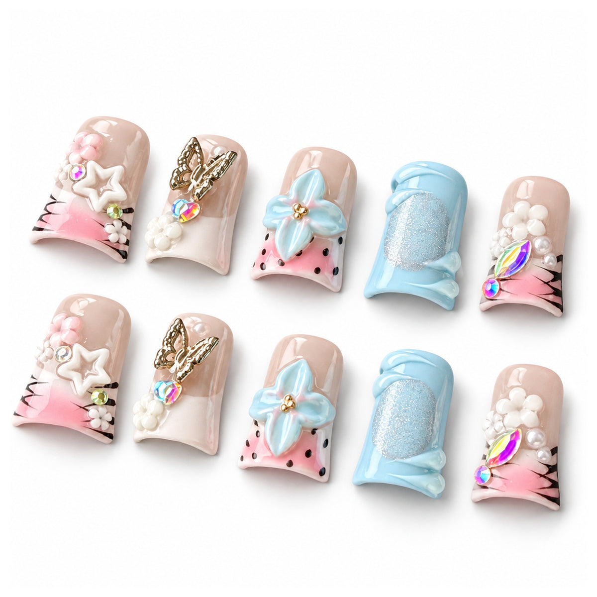 Cherry Blossom Duck Press-On Nails — Handmade in Pink and Blue, #326