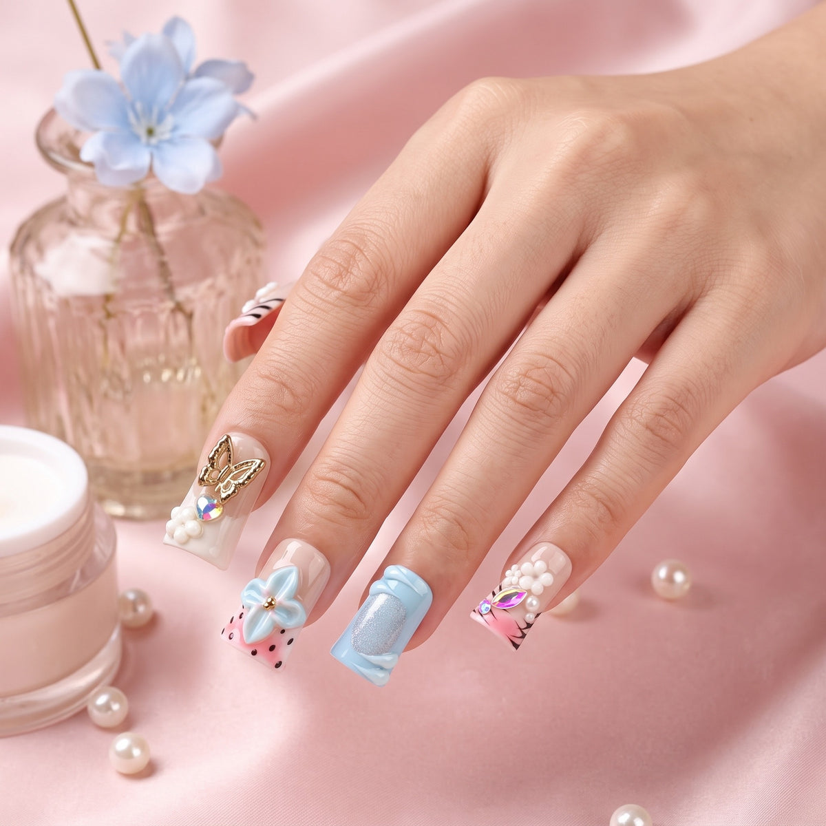 Cherry Blossom Duck Press-On Nails — Handmade in Pink and Blue, #326