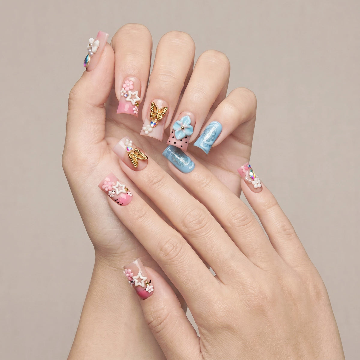 Cherry Blossom Duck Press-On Nails — Handmade in Pink and Blue, #326