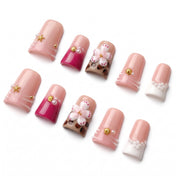 Sun&Beam Nails handmade duck press-on nails with 3D cherry blossoms, pink and reddish-purple tips, medium length — #330