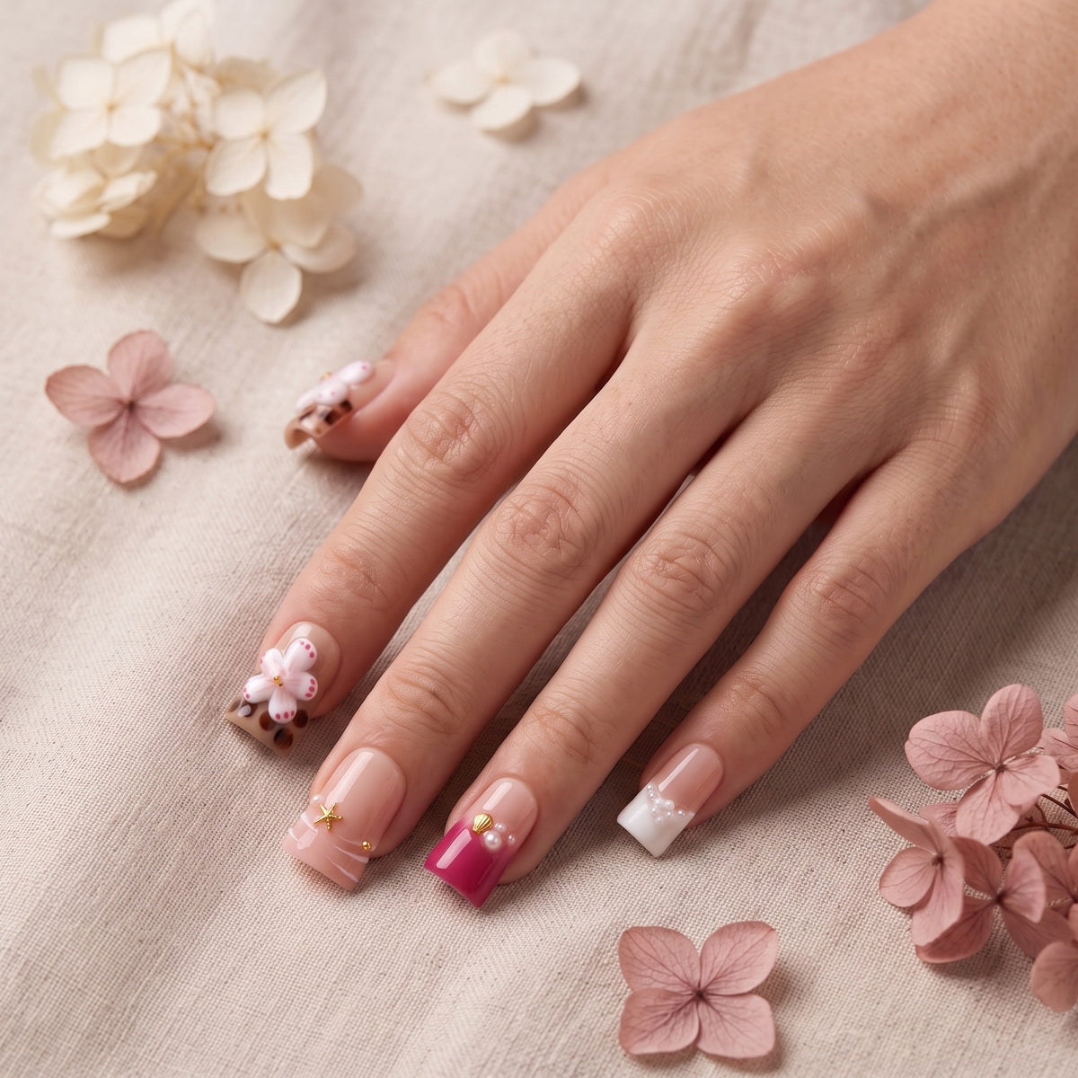 Sun&Beam Nails handmade duck press-on nails with 3D cherry blossoms, pink and reddish-purple tips, medium length — #330
