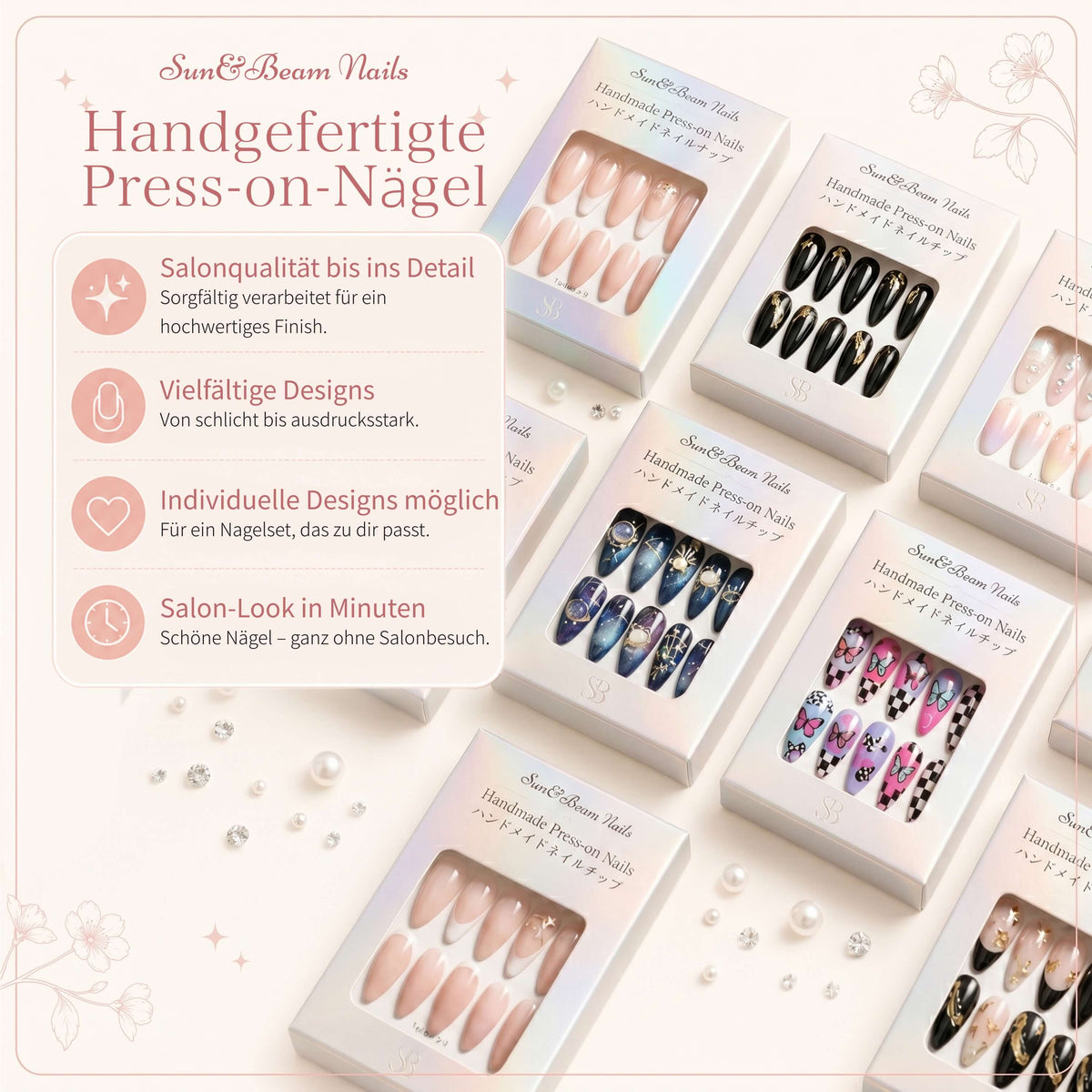 Sun&Beam Nails handmade duck press-on nails with 3D cherry blossoms, pink and reddish-purple tips, medium length — #330