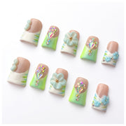 Sun&Beam Nails Handmade Duck Press-On Nails, Green and Blue 3D Flowers #328