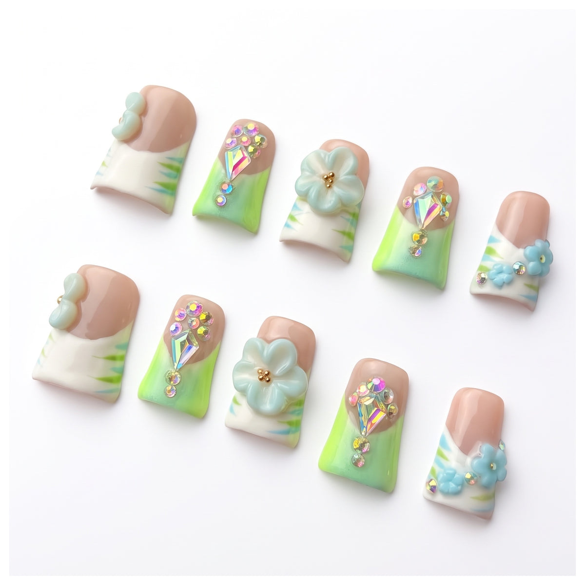 Sun&Beam Nails Handmade Duck Press-On Nails, Green and Blue 3D Flowers #328