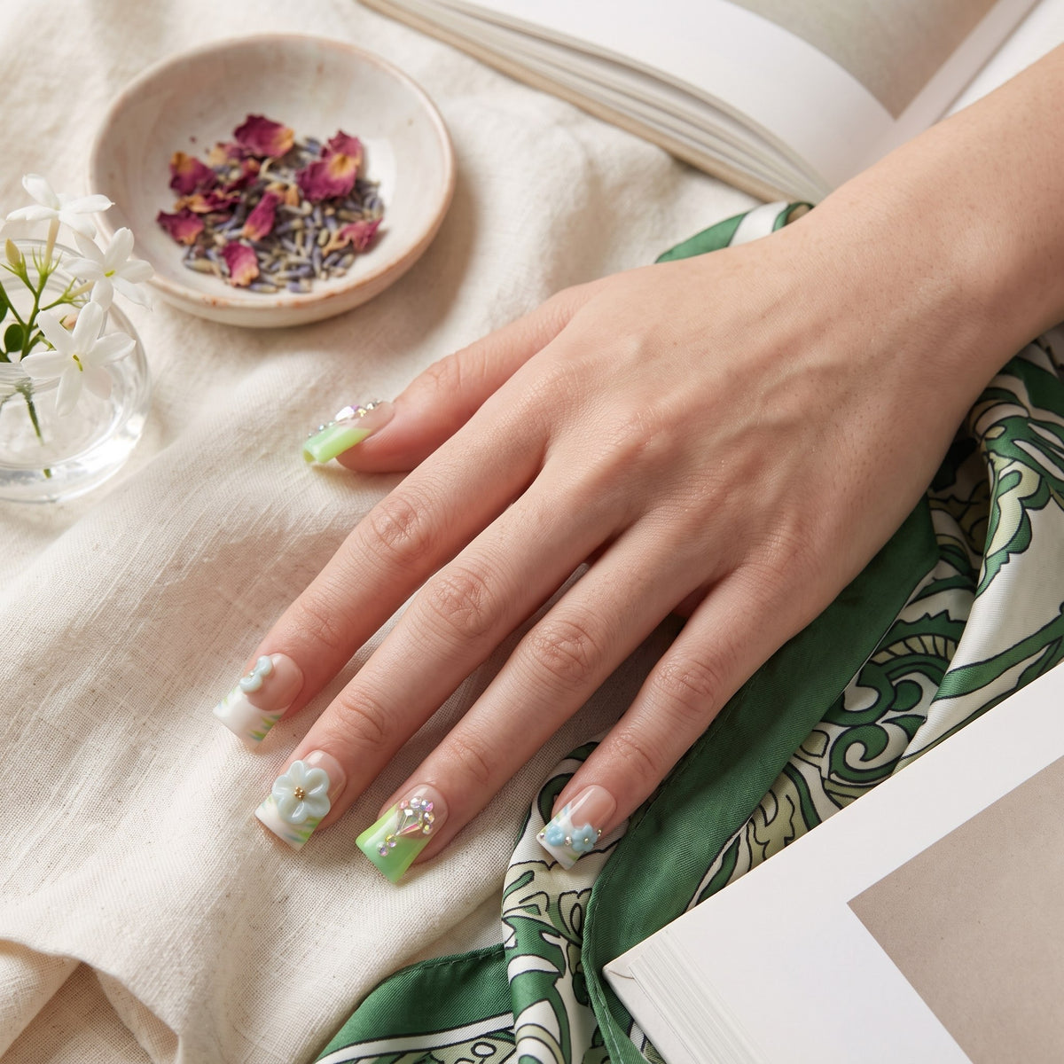 Sun&Beam Nails Handmade Duck Press-On Nails, Green and Blue 3D Flowers #328