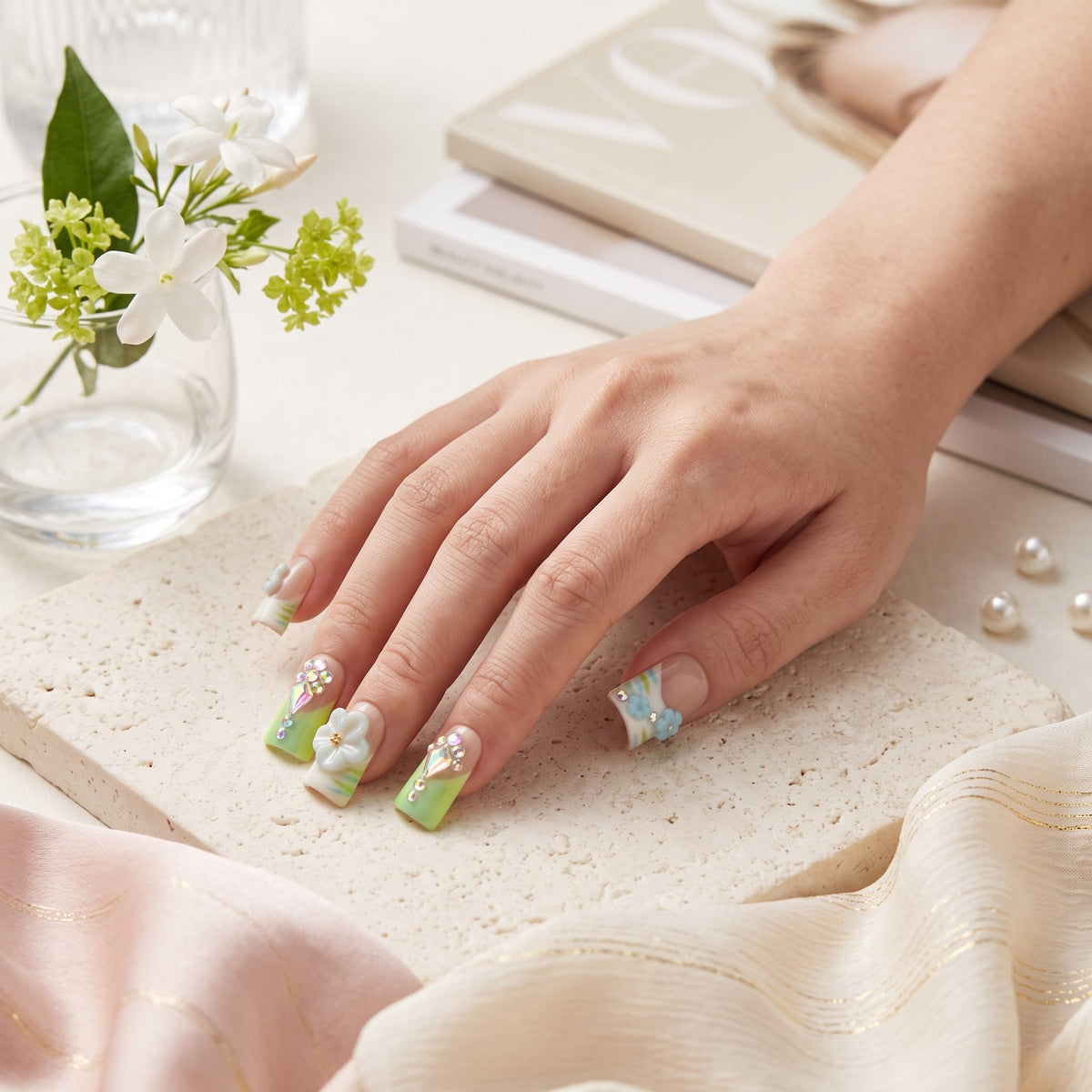 Sun&Beam Nails Handmade Duck Press-On Nails, Green and Blue 3D Flowers #328