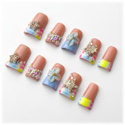 Sun&Beam Nails Handmade Duck Press-On Nails with Multicolour French Tips and 3D Blue Flowers #331