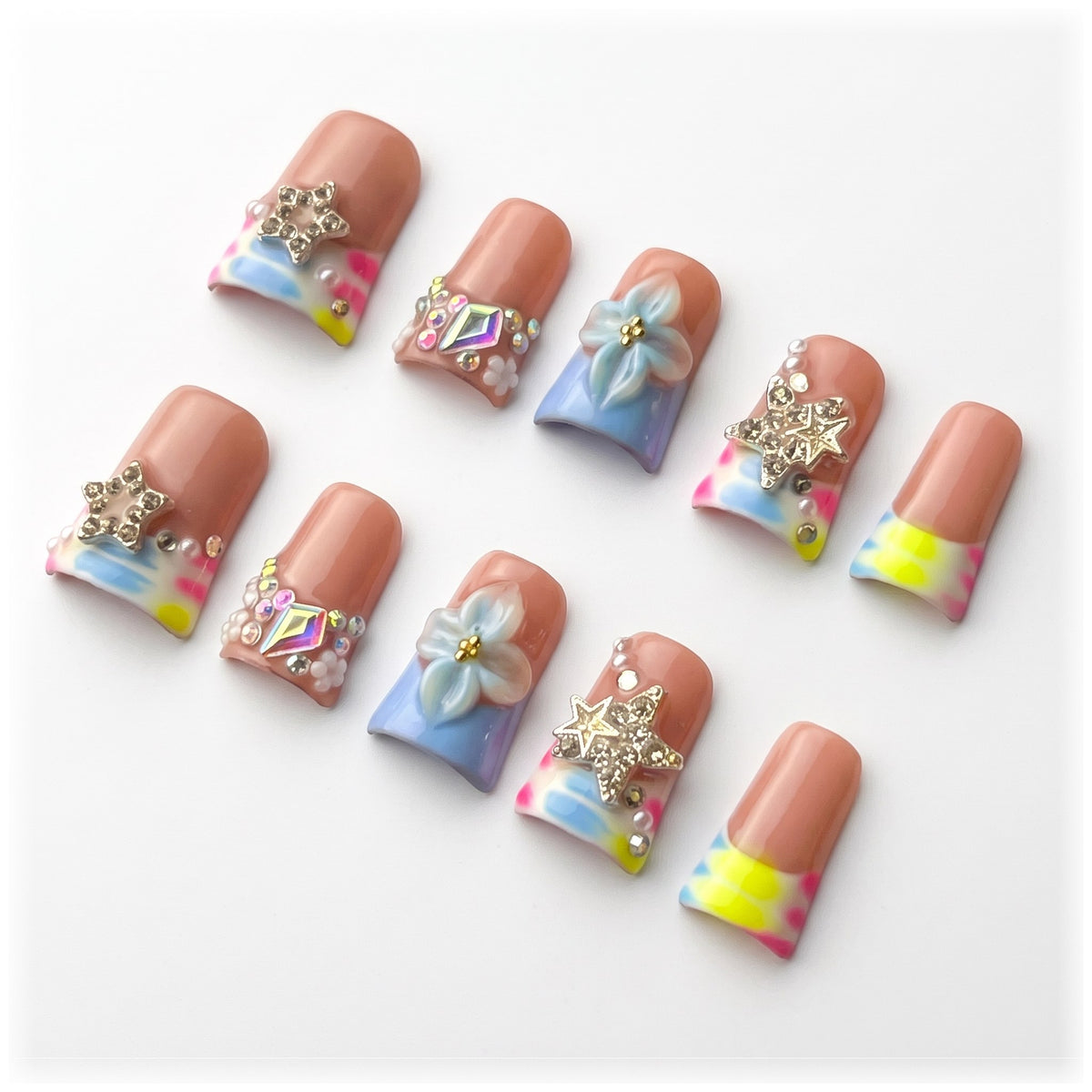 Sun&Beam Nails Handmade Duck Press-On Nails with Multicolour French Tips and 3D Blue Flowers #331
