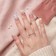 Sun&Beam Nails Handmade Duck Press-On Nails with Multicolour French Tips and 3D Blue Flowers #331
