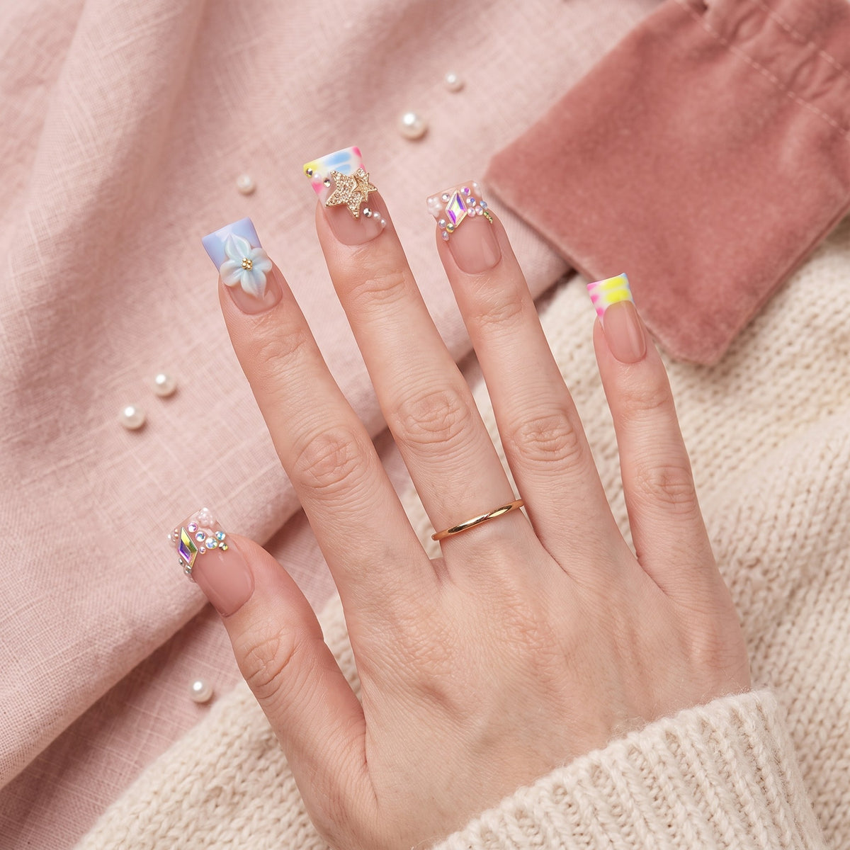 Sun&Beam Nails Handmade Duck Press-On Nails with Multicolour French Tips and 3D Blue Flowers #331