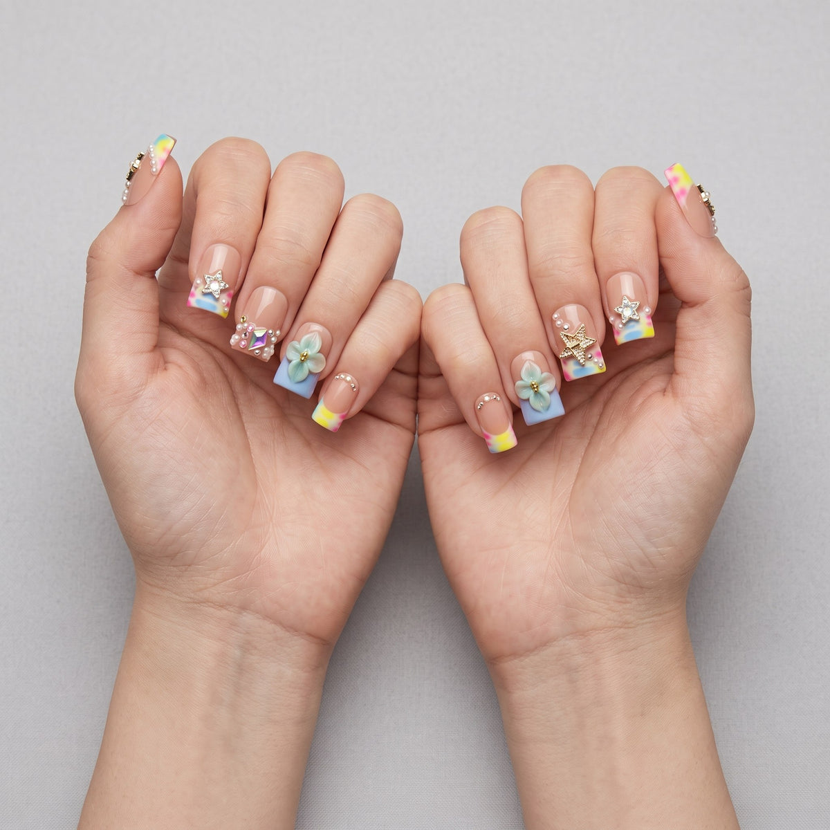 Sun&Beam Nails Handmade Duck Press-On Nails with Multicolour French Tips and 3D Blue Flowers #331