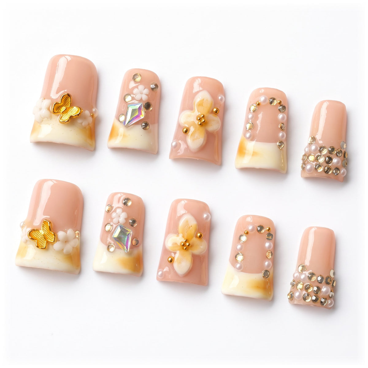Handmade nude pink floral duck press-on nails — #327