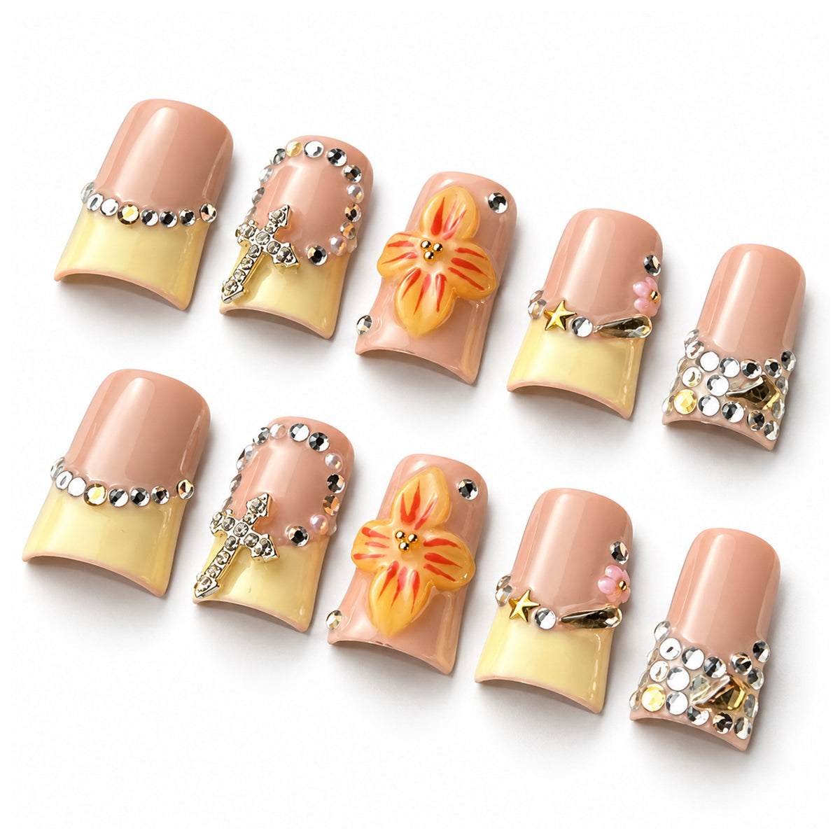 Sun&Beam Nails Handmade Floral Duck Press-On Nails, Creamy Yellow French Tips #329