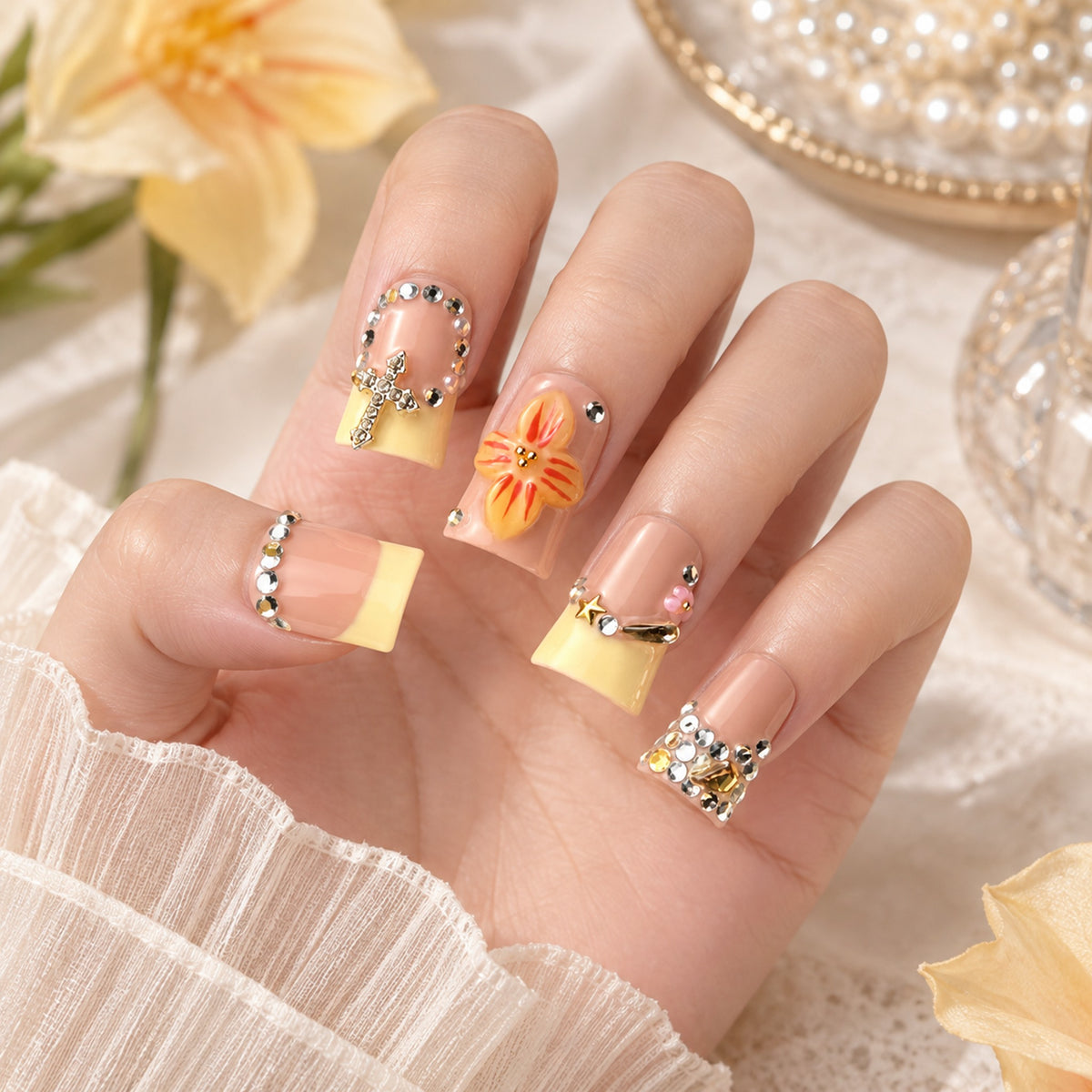 Sun&Beam Nails Handmade Floral Duck Press-On Nails, Creamy Yellow French Tips #329