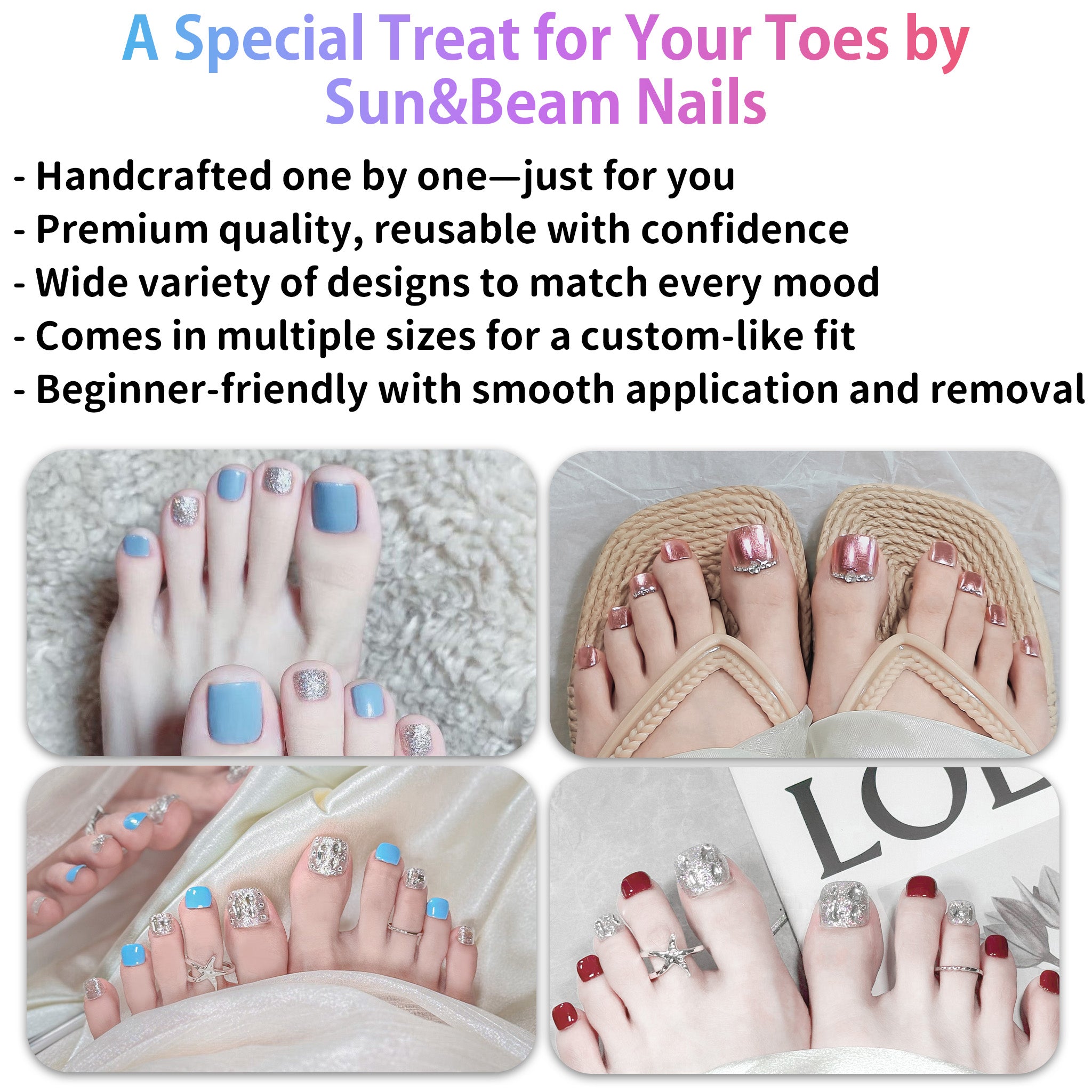 ハンドメイド ショート 短め フット用 ネイルチップ– ブルー ストーン キラキラ 手描き 10枚セット #227