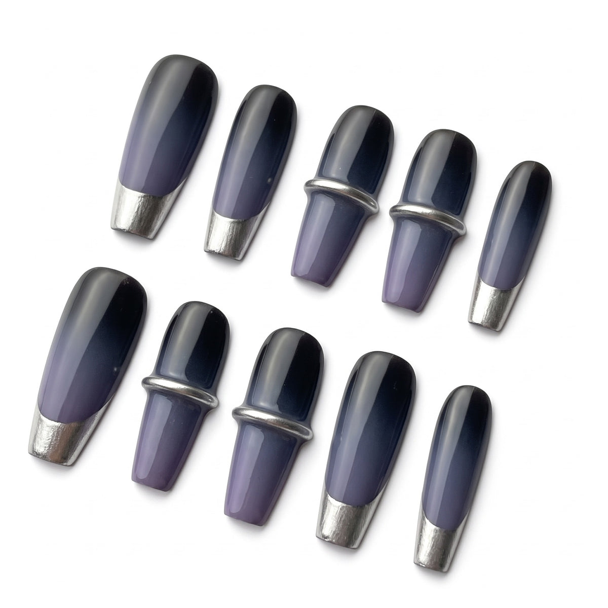 Purple Gradient & Silver French Press-On Nails — #332