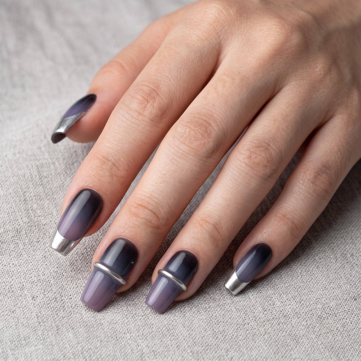 Purple Gradient & Silver French Press-On Nails — #332