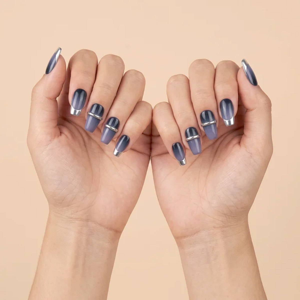 Purple Gradient & Silver French Press-On Nails — #332