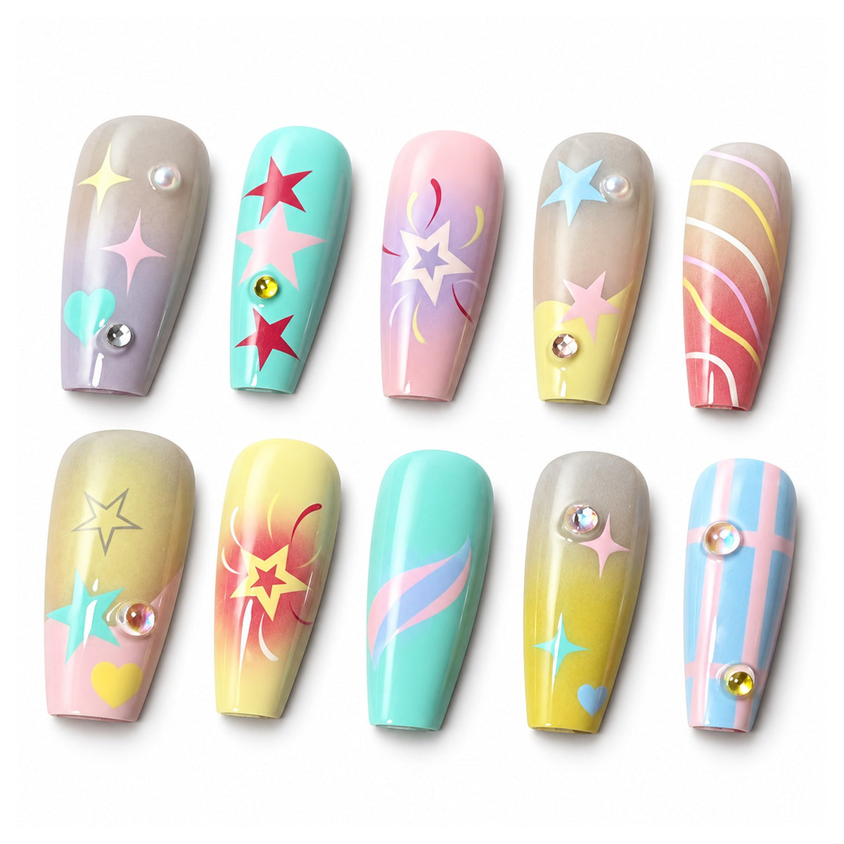 Ten multicolour star press-on nail tips on a white background