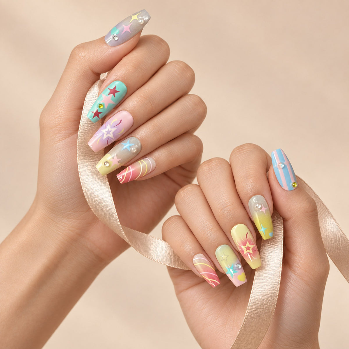 Multicolour star press-on nails worn on both hands
