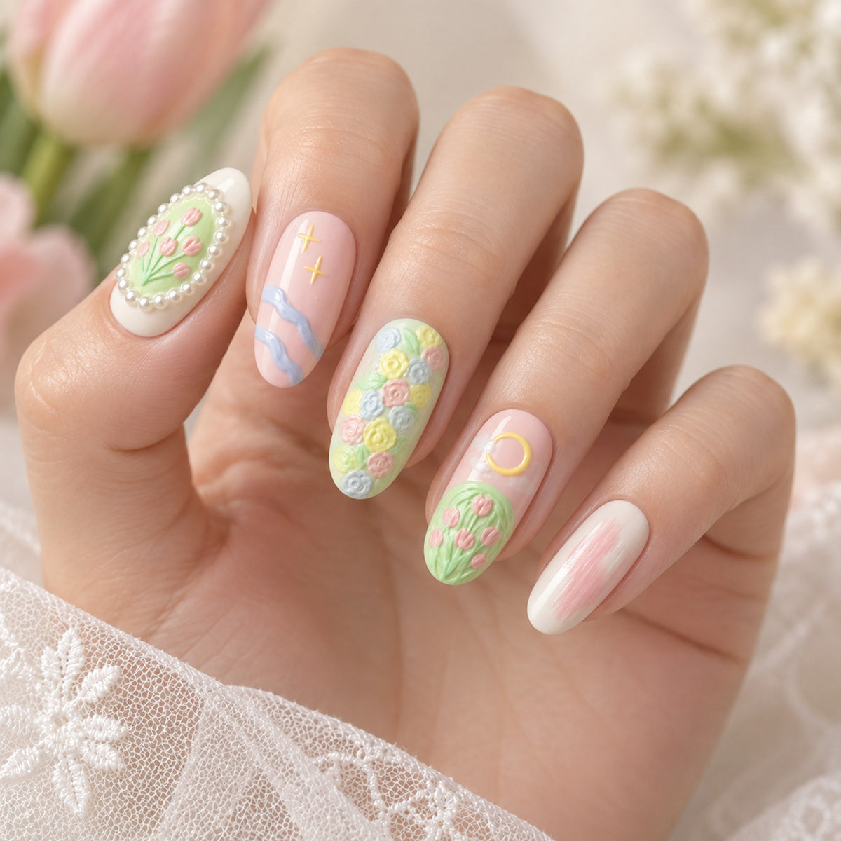Pastel floral oval press-on nails worn on a hand