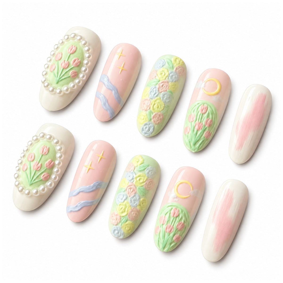 Pastel floral oval press-on nails, ten nail tips on a white background