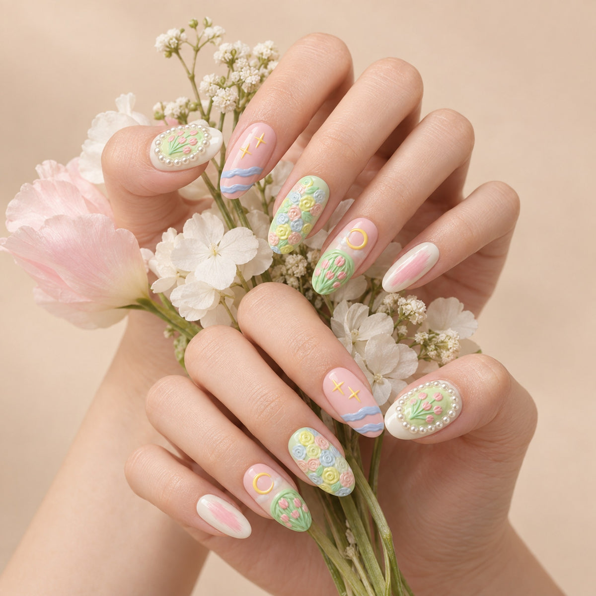 Pastel floral oval press-on nails worn on both hands