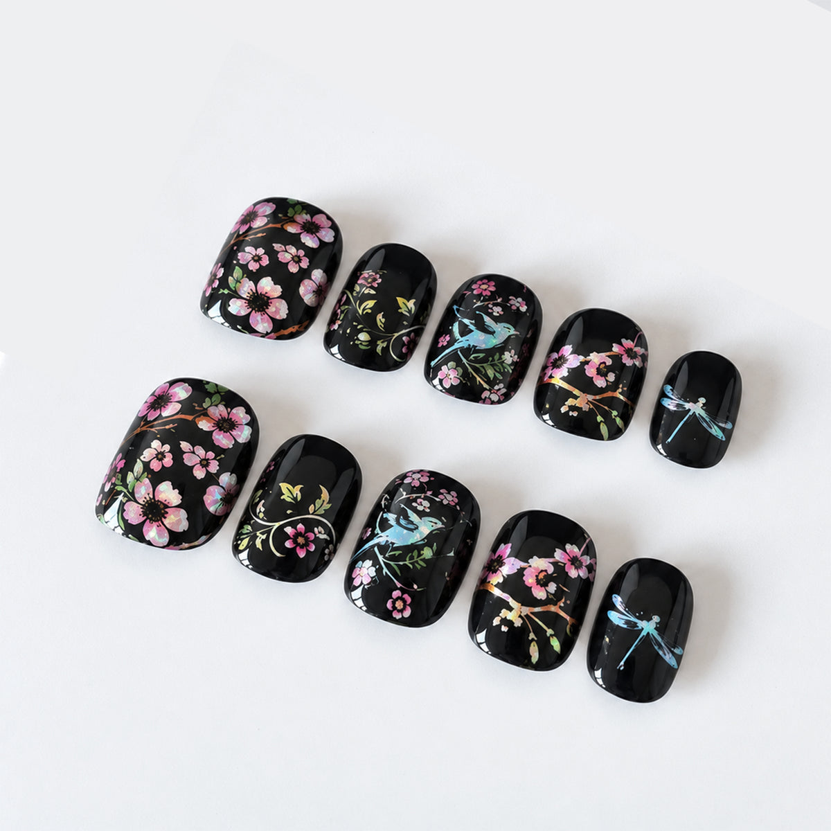 #338 Black Floral & Bird Handmade Press-On Nails - MAIN