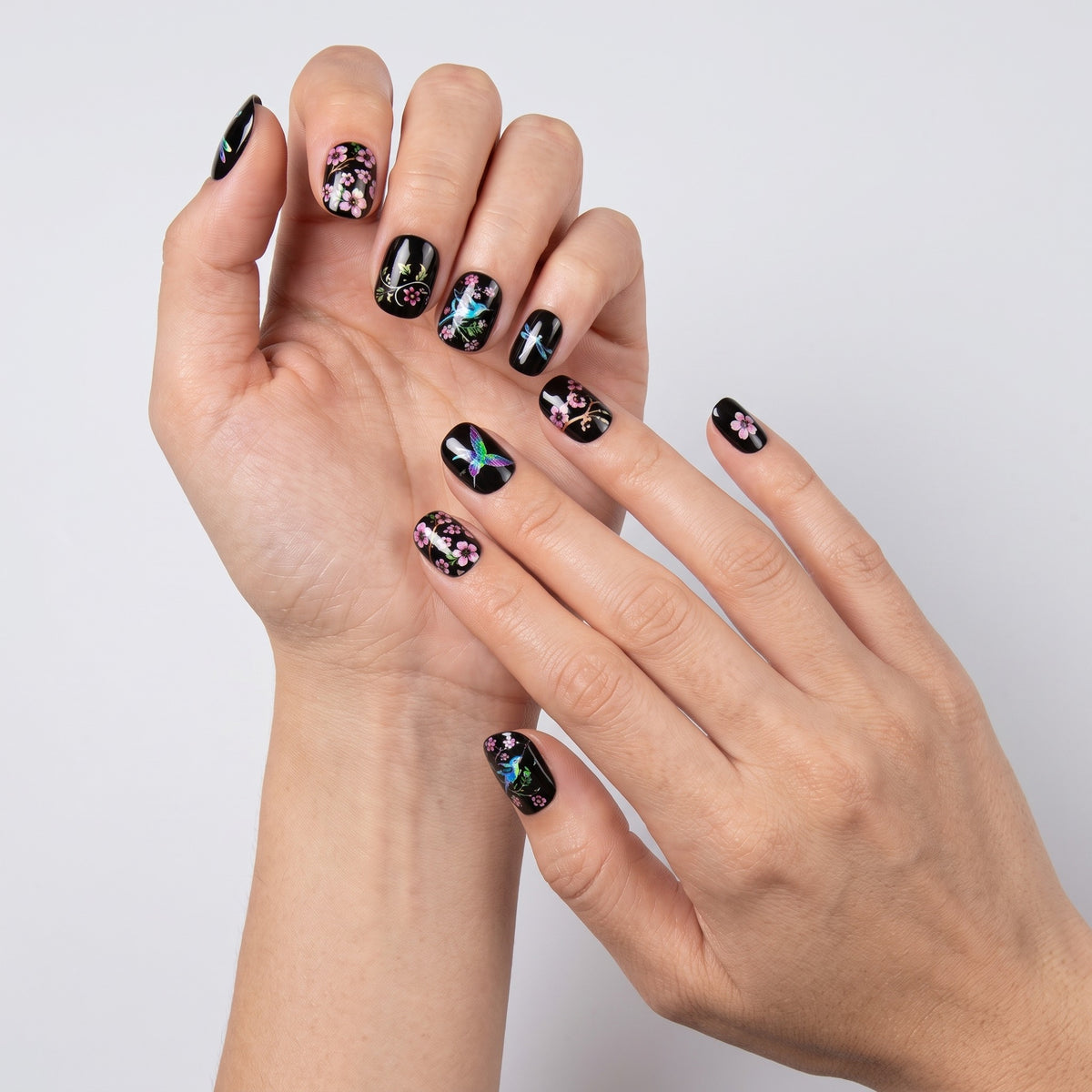 #338 Black Floral & Bird Handmade Press-On Nails - PT02