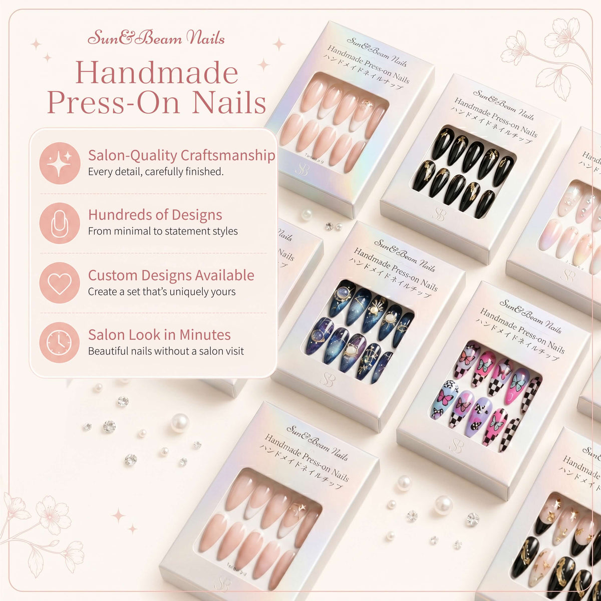 #338 Black Floral & Bird Handmade Press-On Nails - PT06