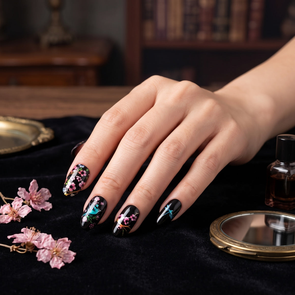 Black floral and bird oval press-on nails worn on a hand