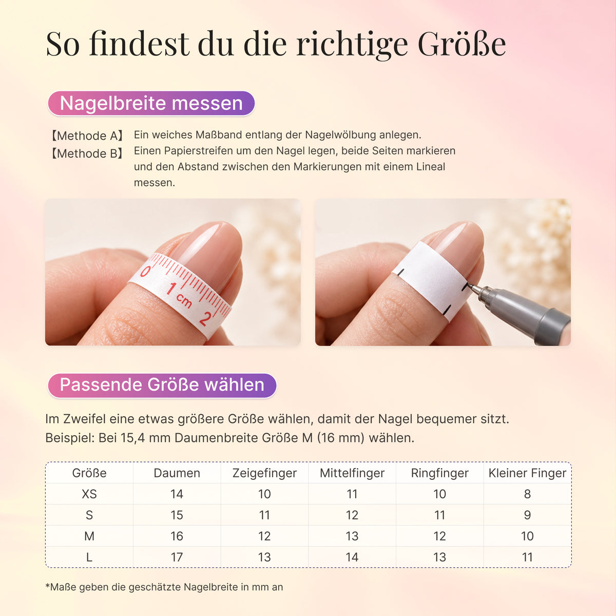 German size guide with nail-width measuring illustrations and an XS–L size chart.