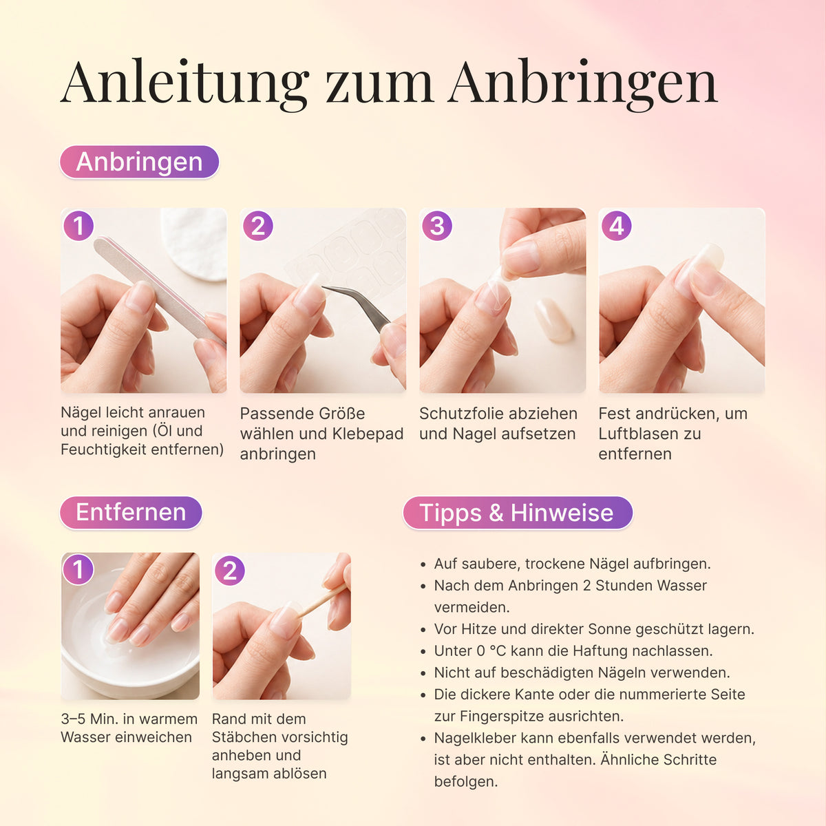 German application and removal guide with illustrated steps for press-on nails.