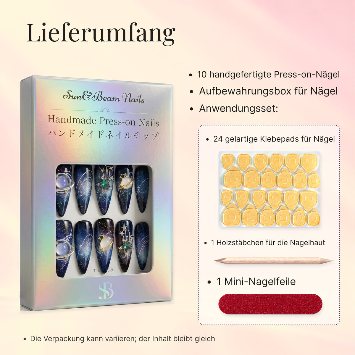 German set-contents image showing press-on nail packaging, adhesive tabs, a wooden cuticle stick and a mini nail file.