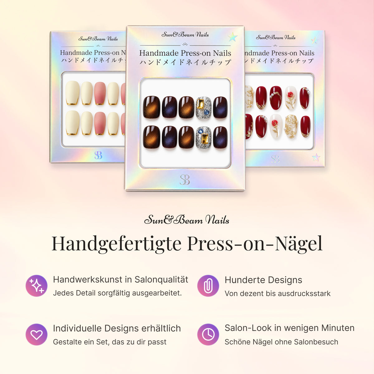 German Sun&Beam Nails image showing three press-on nail boxes with different designs.