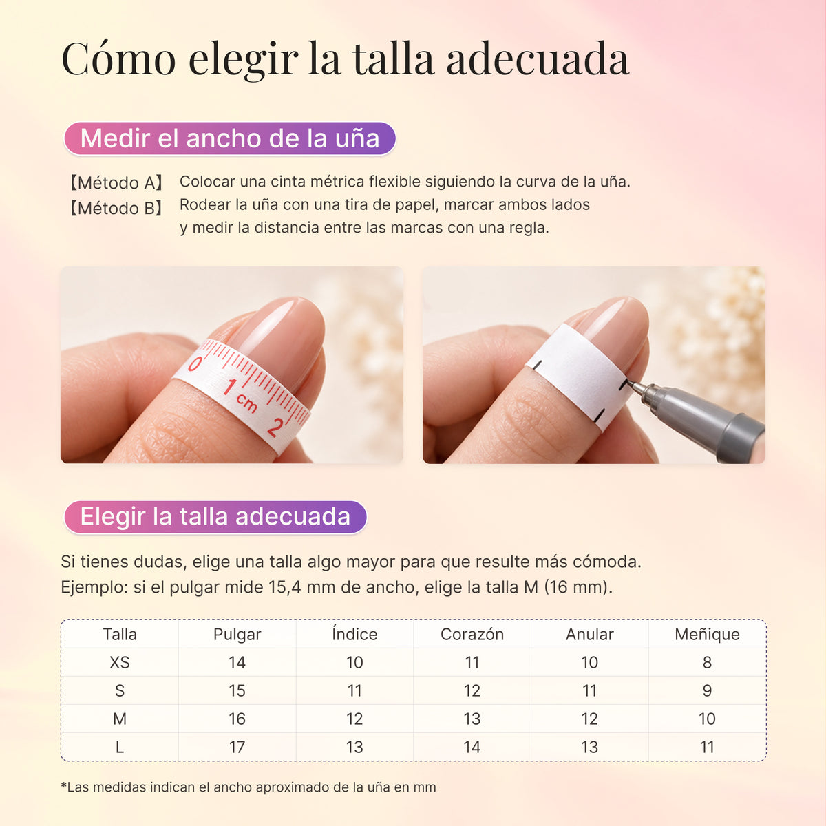 Spanish size guide with nail-width measuring illustrations and an XS–L size chart.