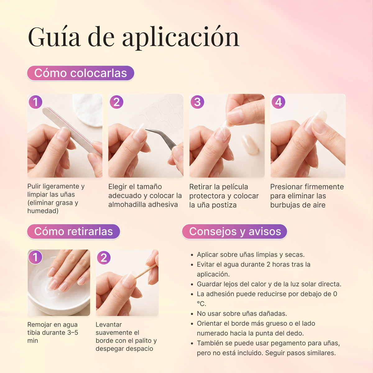 Spanish application and removal guide with illustrated steps for press-on nails.