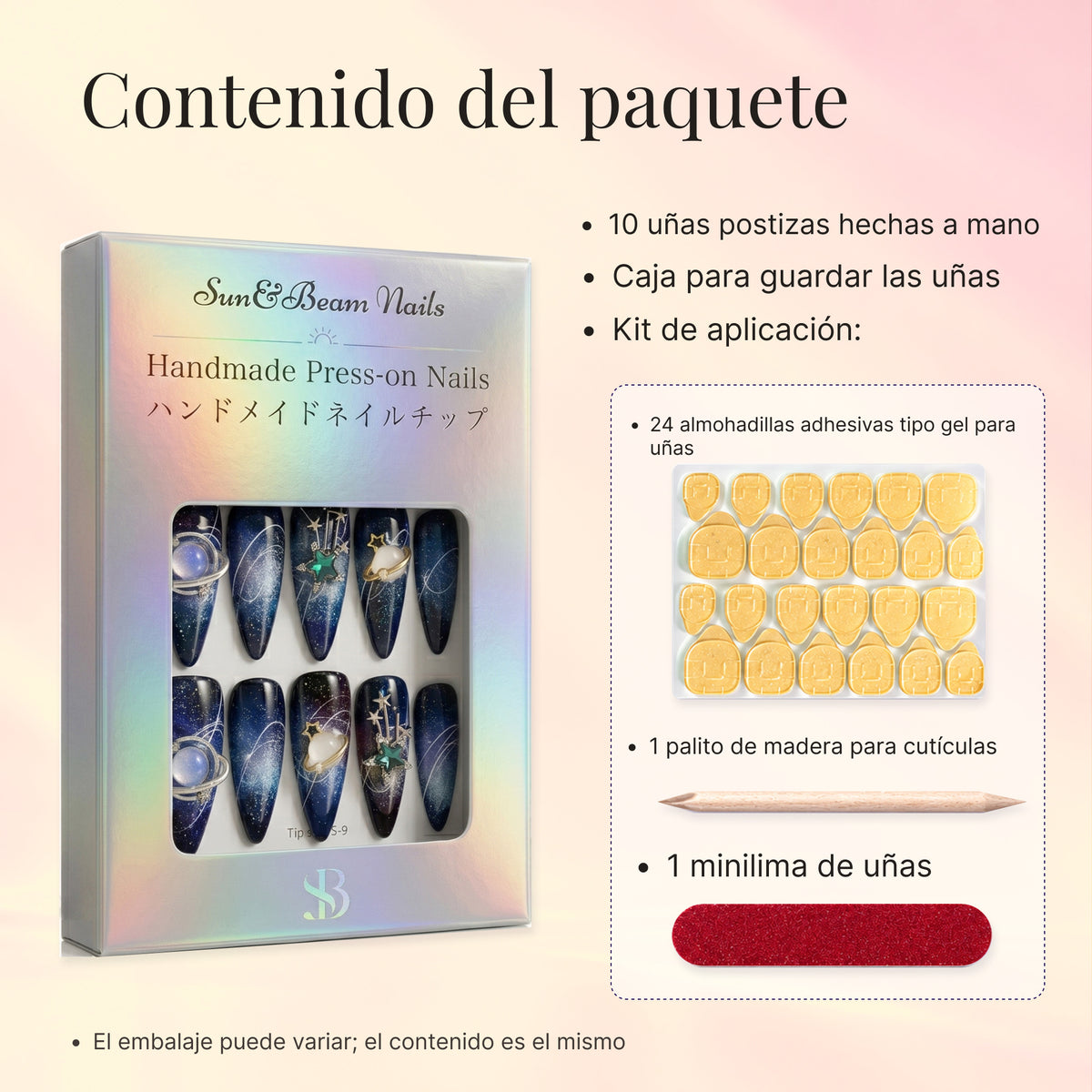 Spanish set-contents image showing press-on nail packaging, adhesive tabs, a wooden cuticle stick and a mini nail file.