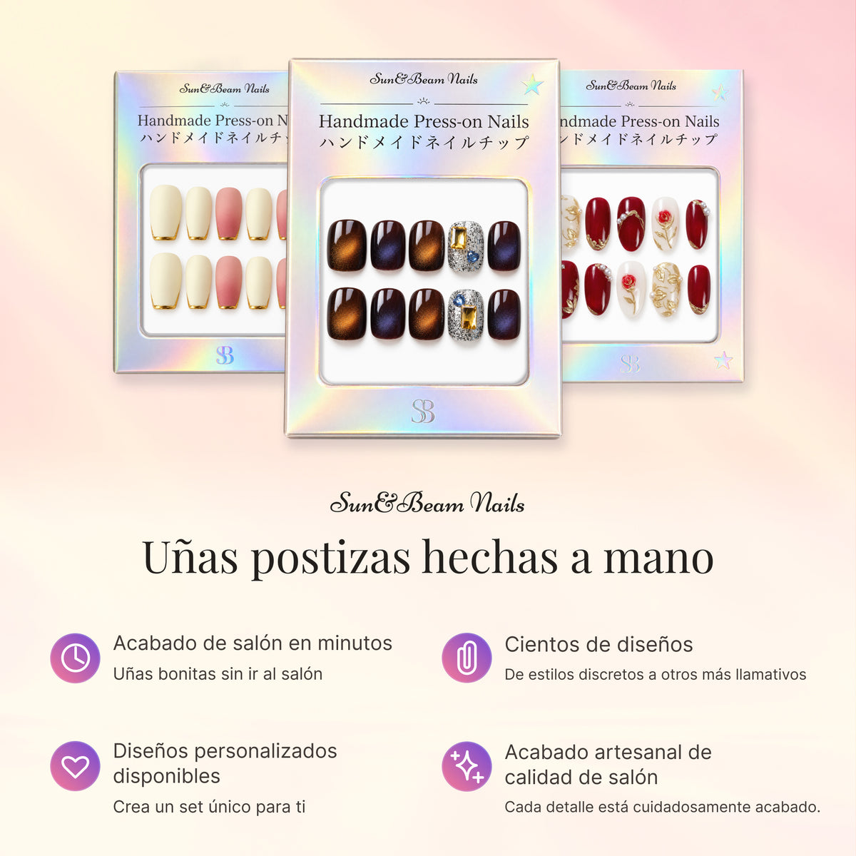 Spanish Sun&Beam Nails image showing three press-on nail boxes with different designs.