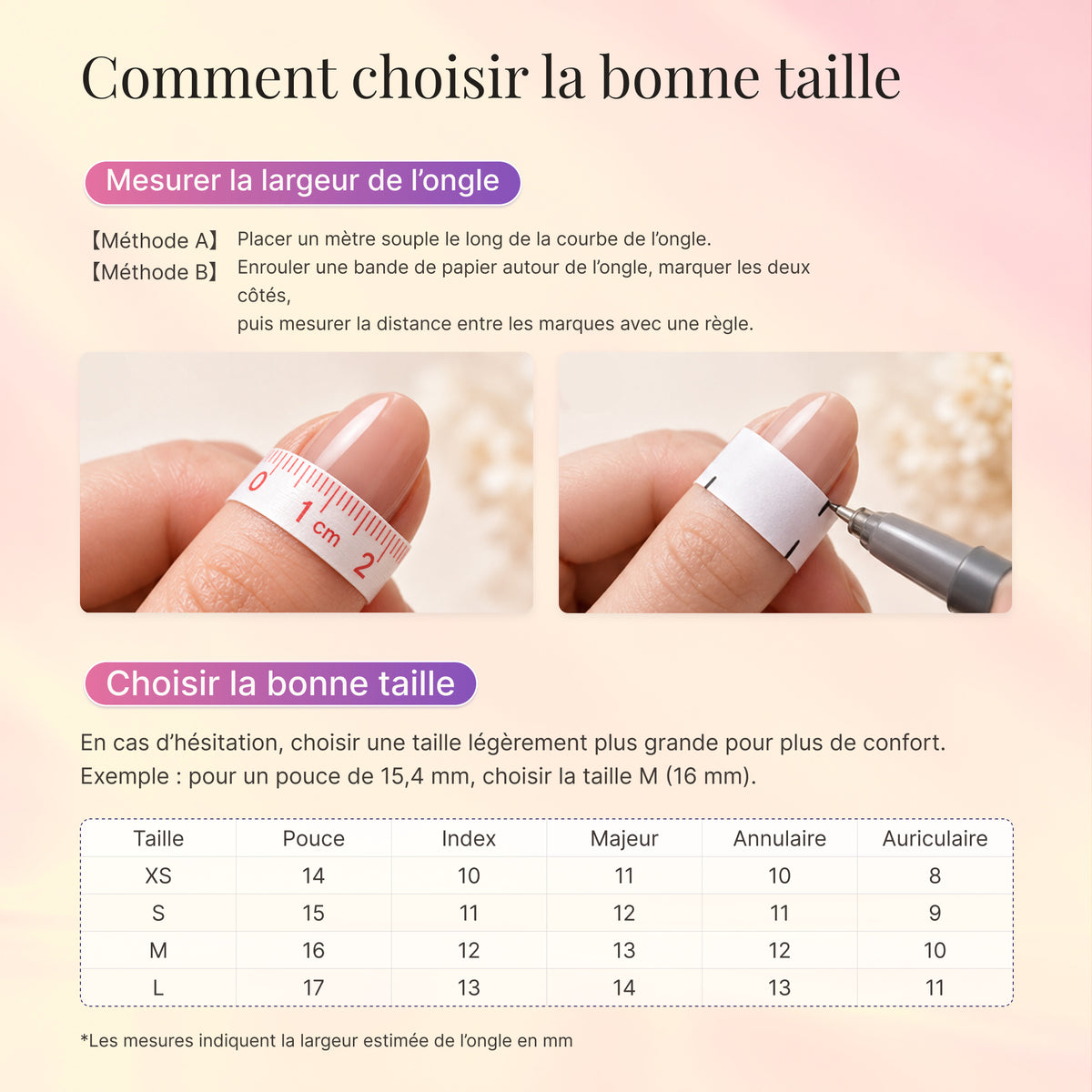 French size guide with nail-width measuring illustrations and an XS–L size chart.