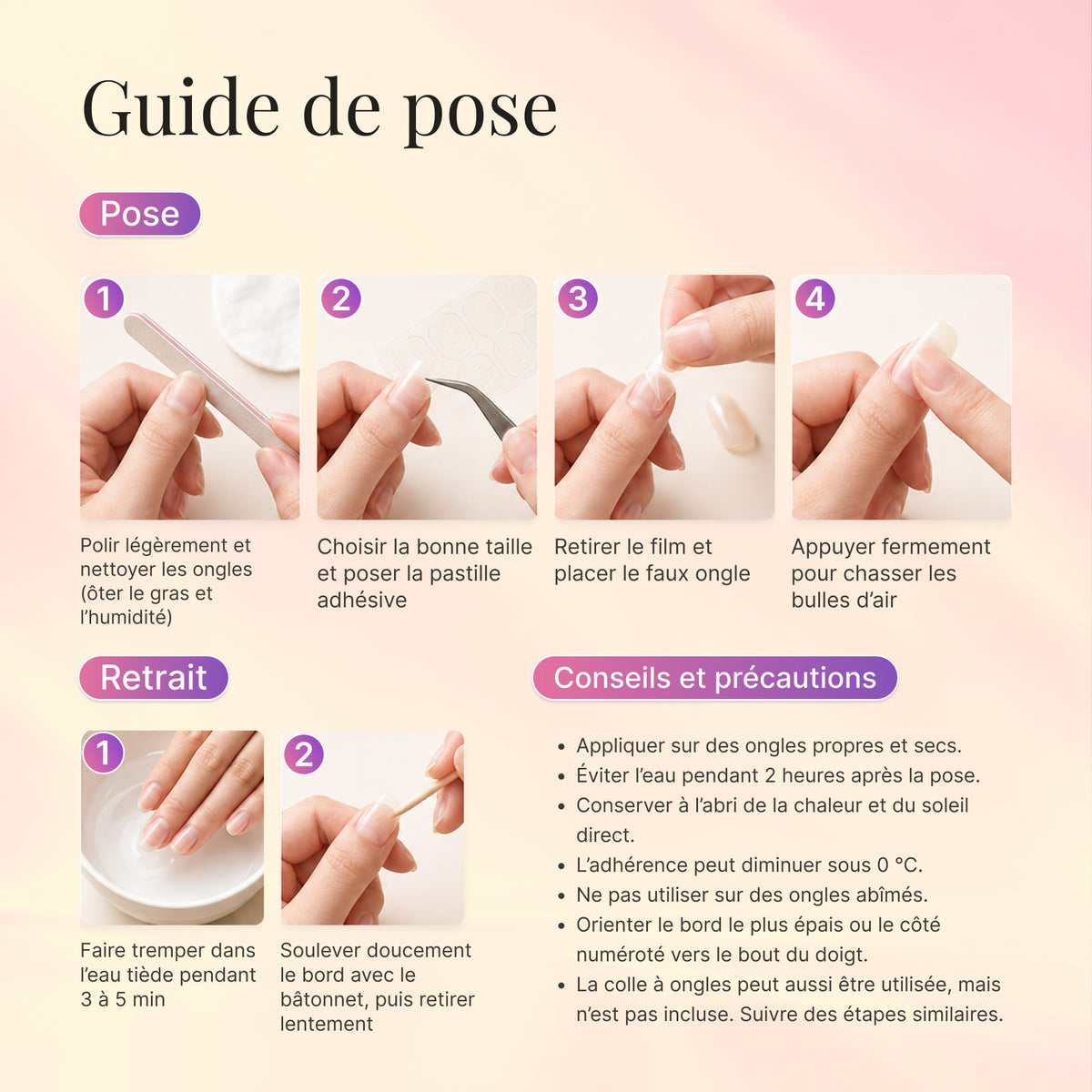 French application and removal guide with illustrated steps for press-on nails.