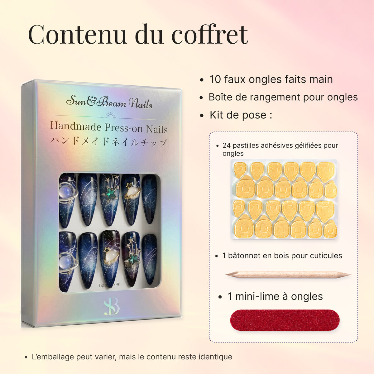 French set-contents image showing press-on nail packaging, adhesive tabs, a wooden cuticle stick and a mini nail file.