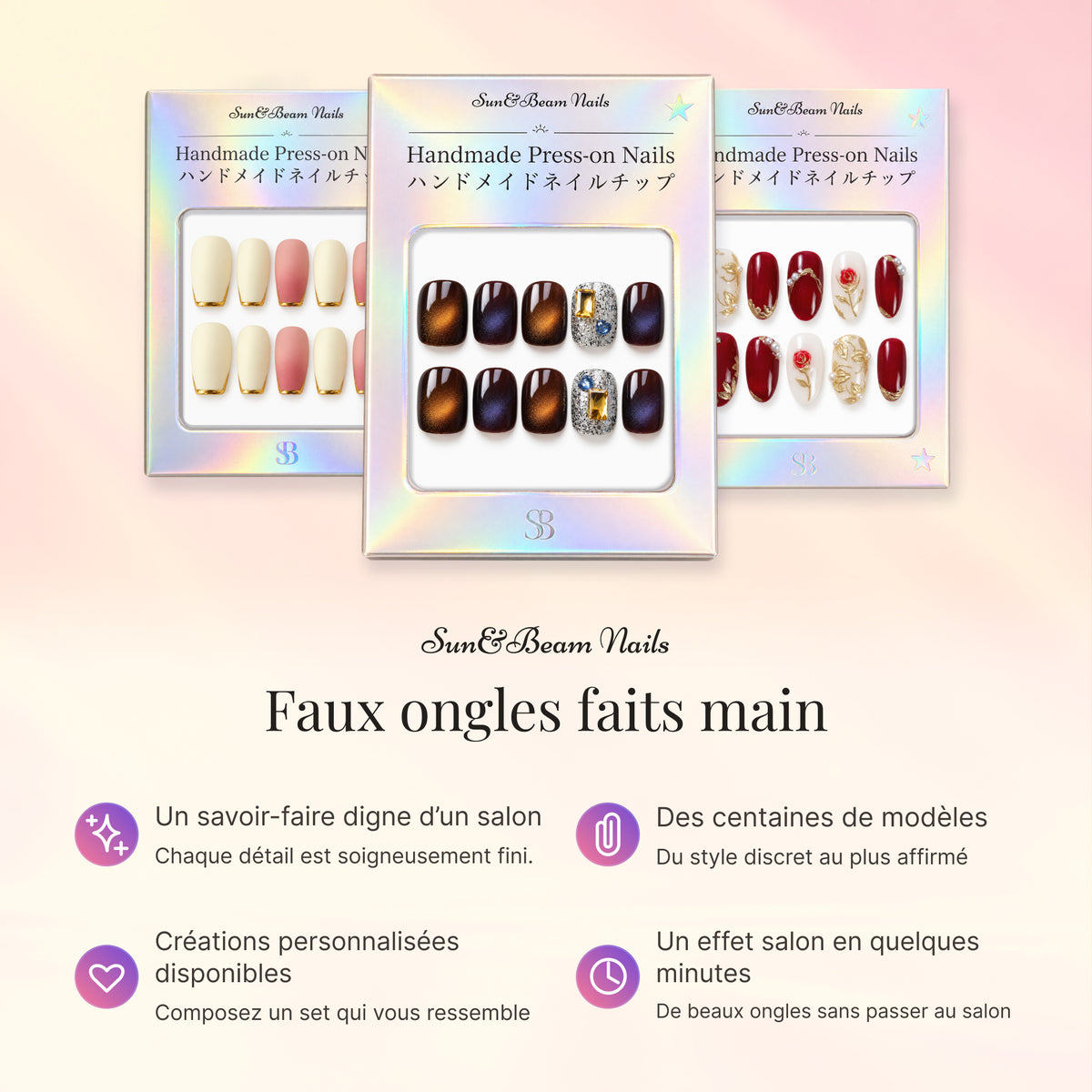 French Sun&Beam Nails image showing three press-on nail boxes with different designs.