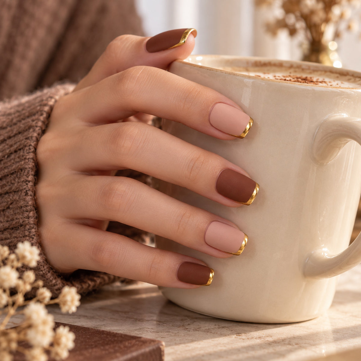 Close-up of a hand with alternating brown and nude pink-brown nails holding a cream-coloured cup.