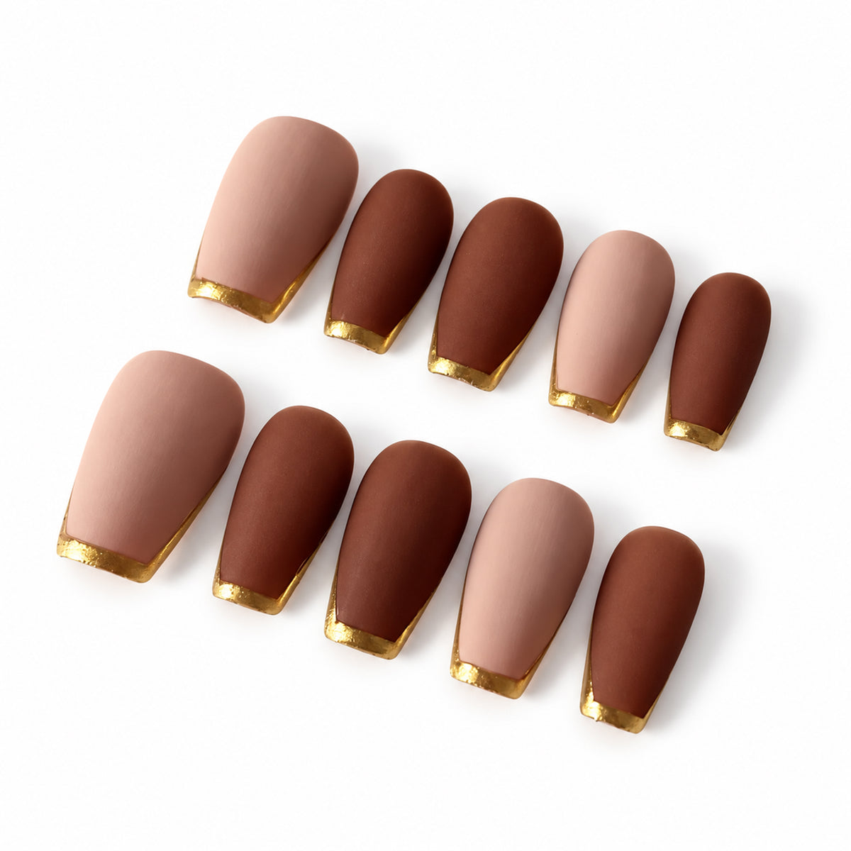 Ten matte brown and nude pink-brown nail tips with gold-coloured edges arranged in two rows on white.