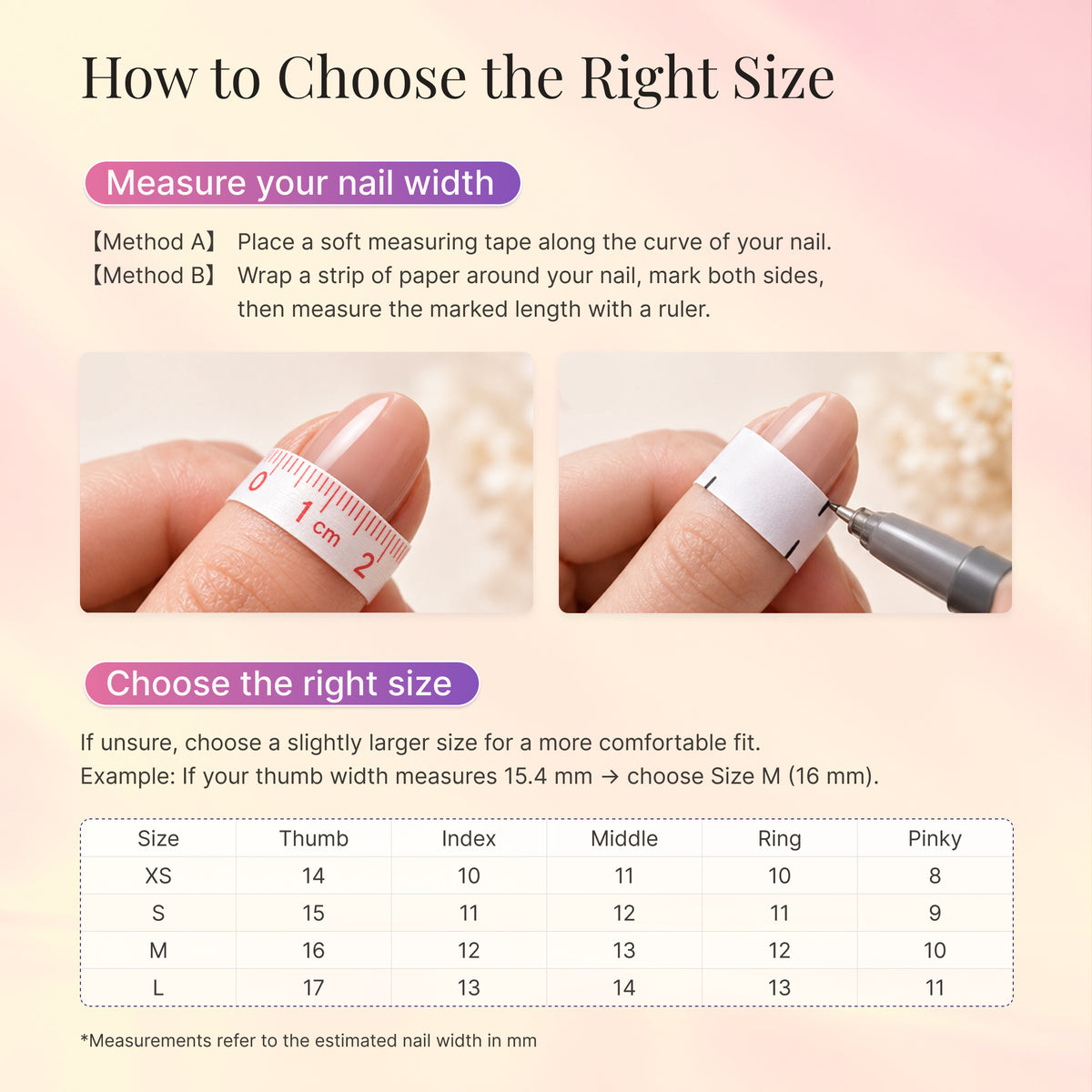 English size guide with nail-width measuring illustrations and an XS–L size chart.
