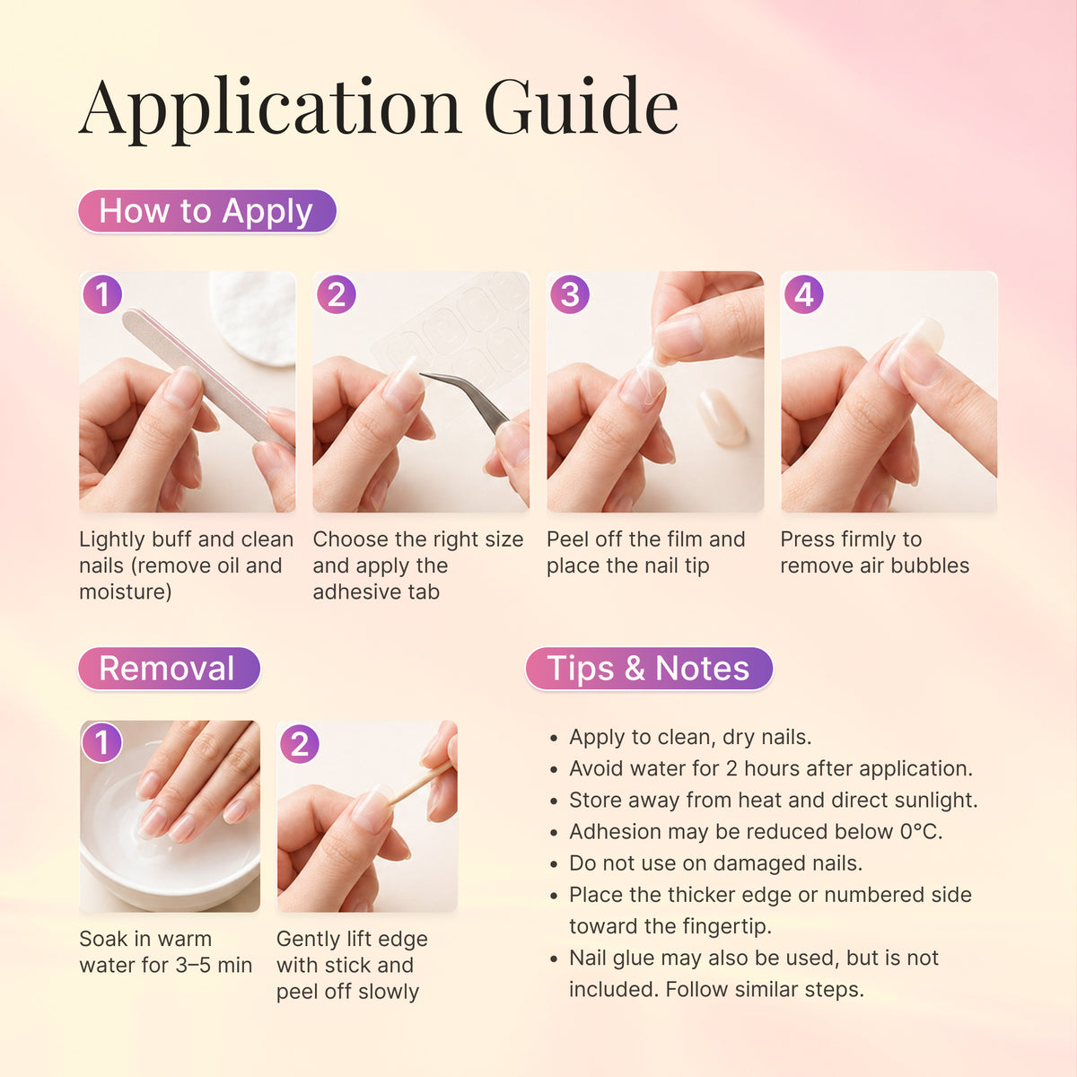 English application and removal guide with illustrated steps for press-on nails.