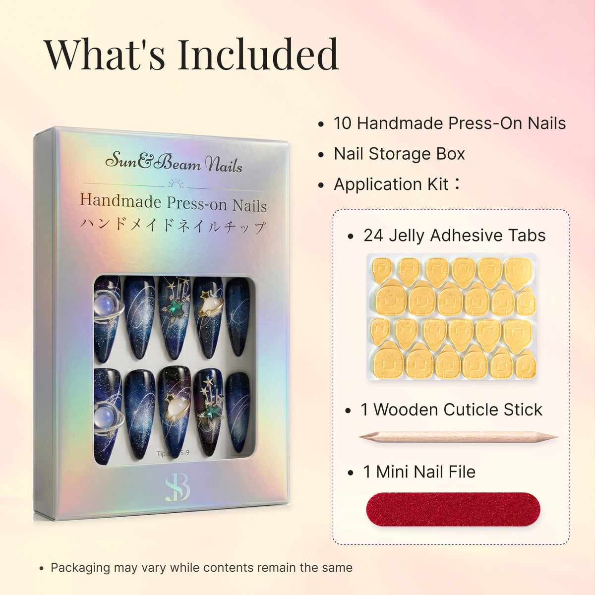 Press-on nail set packaging shown beside adhesive tabs, a wooden cuticle stick and a mini nail file.