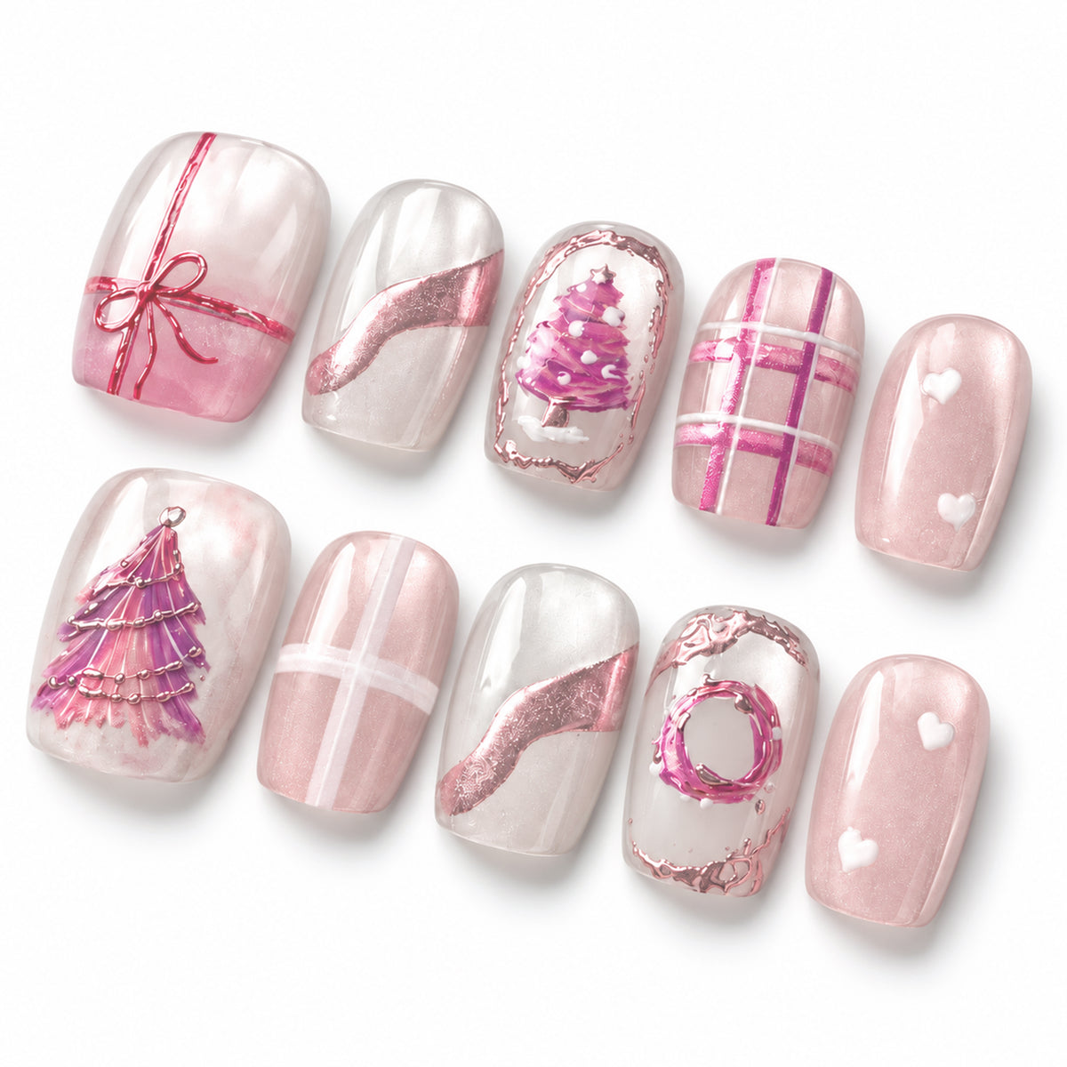 Ten pink and milky-white short square nail tips with Christmas trees, a wreath, gift ribbons, checks, white hearts and rose-gold-toned accents on a white background.