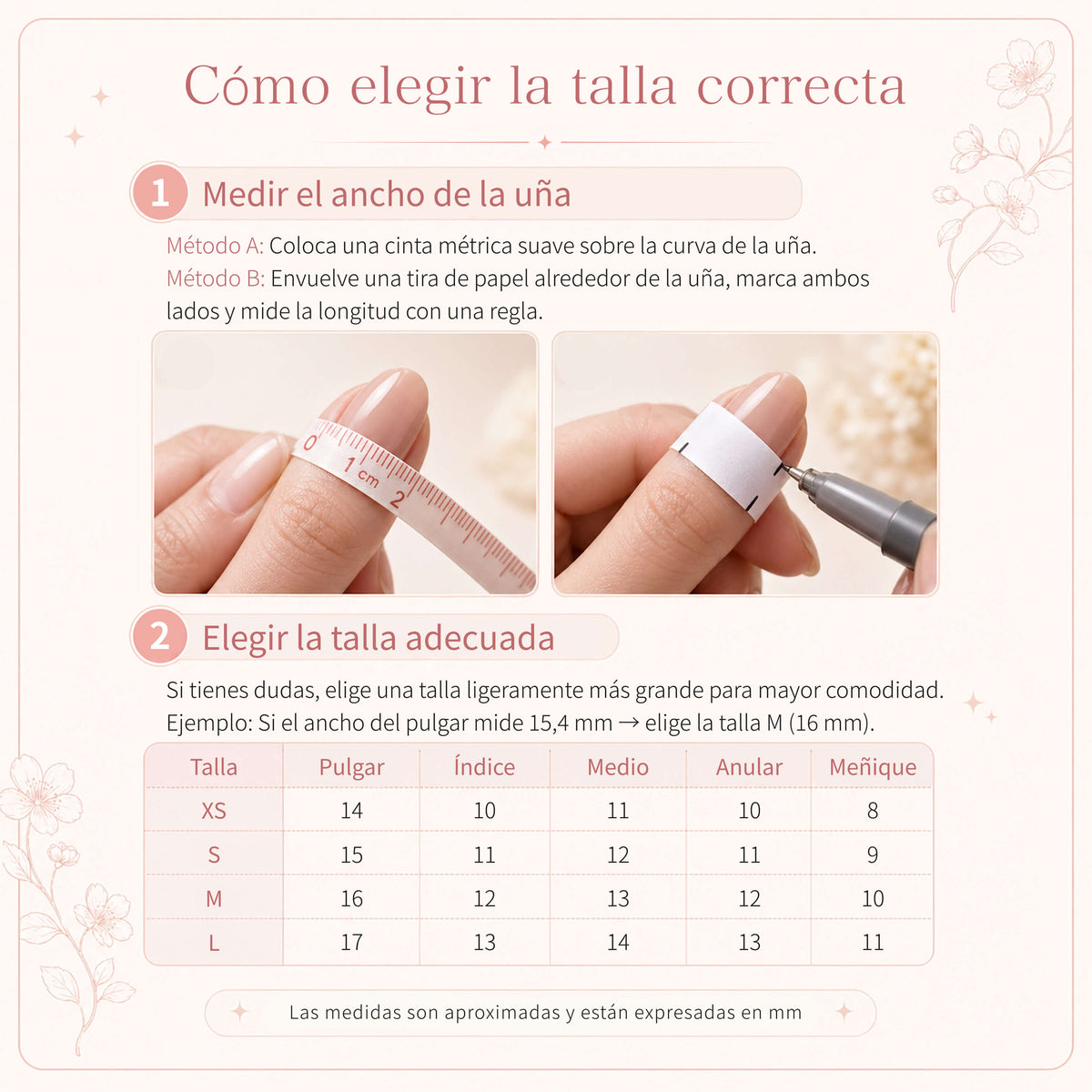 Spanish size guide with nail-width measuring illustrations and an XS–L chart.